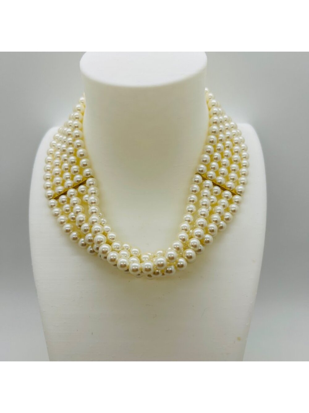 Multi Strand Pearl Choker Necklace Cream Gold Bar Statement Collar